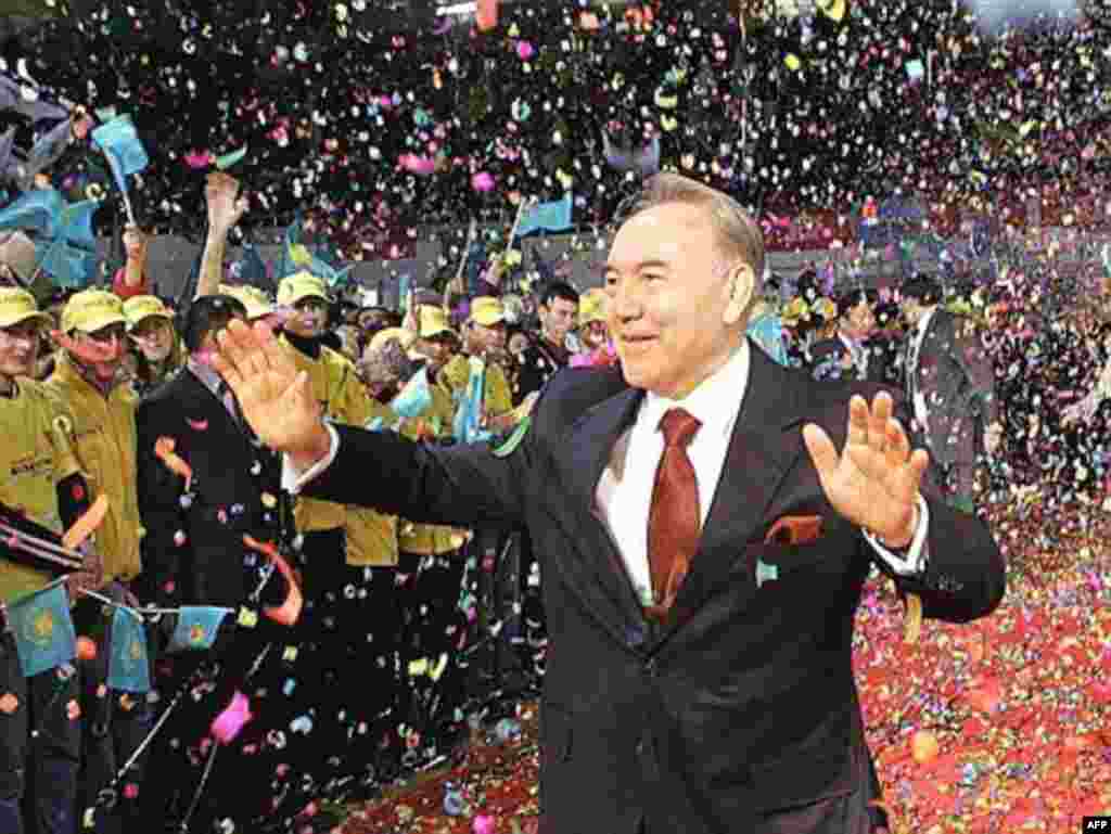 Nazarbaev celebrates his reelection in December 2005. - While rights groups decry the Kazakh leader's strangle-hold on the press and the democratic process, there are millions of Kazakhs who support him - as long as economic opportunities remain open to them.