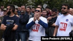 Dozens of anti-NATO activists protest in front of parliament in Podgorica on April 8.