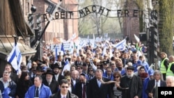 Participants in the March of the Living at the site of former German Nazi death camp Auschwitz in Oswiecim, Poland, April, 2010