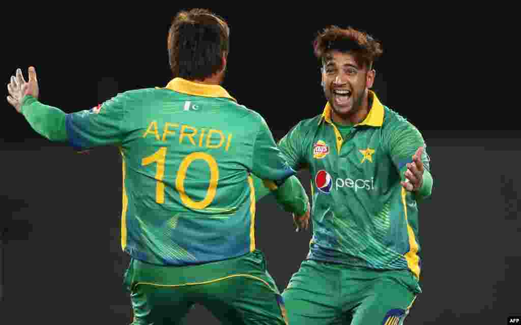 New Zealand -- Imad Wasim (R) and Shahid Afridi (L) of Pakistan celebrate the wicket of New Zealand's Martin Guptill during the second 20/20 cricket match between New Zealand and Pakistan played at Eden Park in Auckland on January 15,2016
