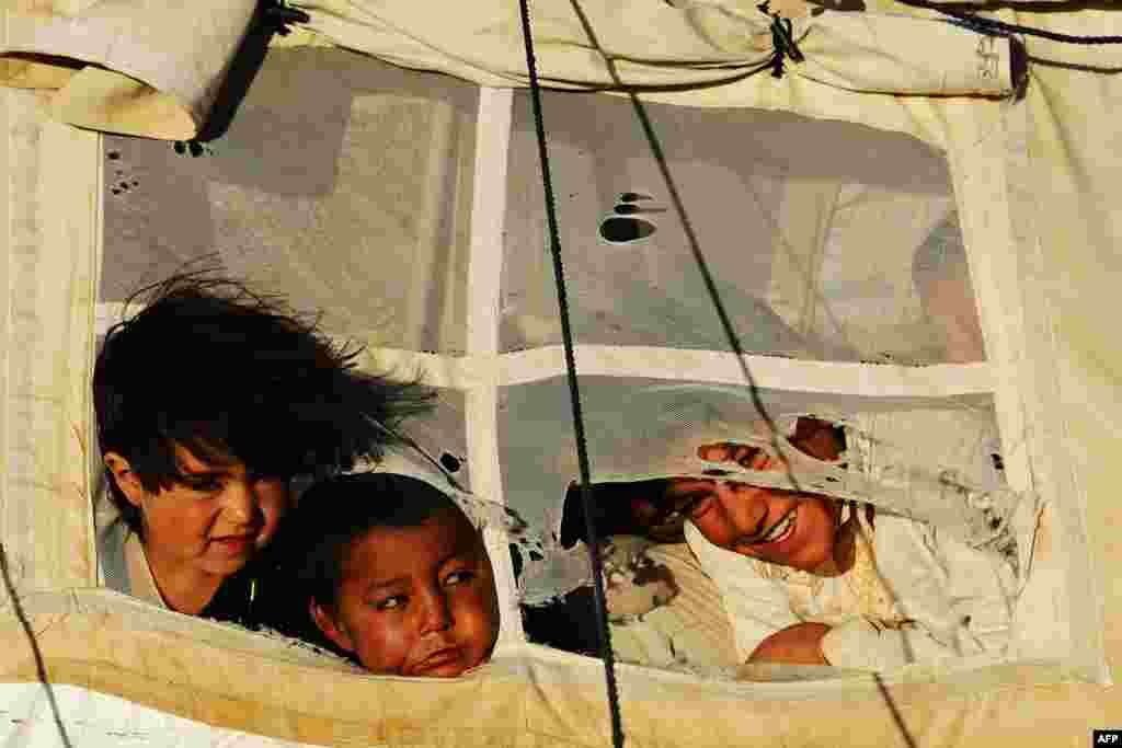 Internally displaced Afghan children look on from a tent on the outskirts of Herat. (AFP/Aref Karimi)