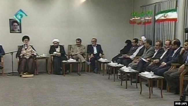 This image taken from video broadcast by Iran's IRIB televsion, in Tehran, Wednesday, June 17, 2009, shows Iran's Supreme Leader Ayatollah Ali Khamenei, 1st left, speaking at a meeting with representatives of presidential candidates.