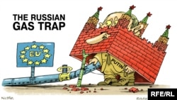 Capcana gazului rusesc, caricatură de Oleksi Kustovski, Radio Svoboda. 