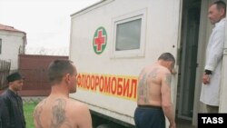 Russian prisoners being examined for tuberculosis. Russian data on TB and other diseases only reports "first-time" cases. Relapses, reoccurrences, and repeat infections are not included.