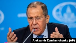 Acting Russian Foreign Minister Sergei Lavrov speaking at his annual round-up news conference in Moscow on January 17.