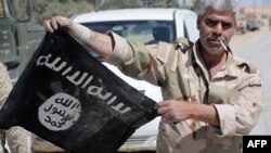 A Syrian soldier displays a captured Islamic State flag (file photo)