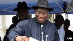 President Goodluck Jonathan casting his ballot in Otuoke during Nigeria's presidential election on April 16.