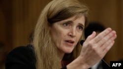 Samantha Power, nominee to be the next U.S. representative to the United Nations, testifies before the Senate Foreign Relations Committee in Washington on July 17.