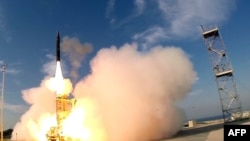 The launch of an Israeli Arrow 3 missile, at an undisclosed location in southern Tel Aviv, December 10, 2015