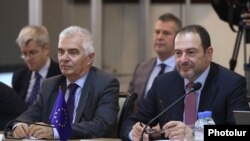 Armenia - Luc Devigne (R) of the European External Action Service at a meeting of the EU-Armenia Partnership Committee in Yerevan, November 27, 2018.