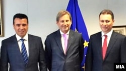 Macedonia -EU Commissioner Hahn meets leaders of Macedonia's four main parties .