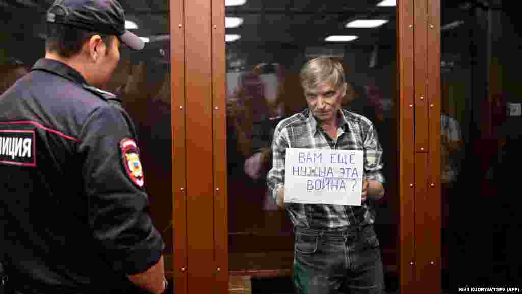 Aleksei Gorinov Gorinov is holding a sign that asks, &ldquo;Do you still need this war?&rdquo; The municipal lawmaker from Moscow was sentenced to seven years in prison for &ldquo;knowingly spreading fake information&rdquo; about the Russian military. At a meeting of the Moscow city legislature in March 2022, Gorinov spoke out against the optics of planning children&rsquo;s events at the same time that in Ukraine, &ldquo;there are children dying every day.&rdquo; Such events he said, would be like holding &ldquo;a feast during the plague.&rdquo; During his 2022 court hearing over his comments, Gorinov continued to condemn the Russian invasion, saying, &ldquo;We were promised victory and glory, so why do so many of my compatriots feel shame and guilt?&rdquo; &nbsp;