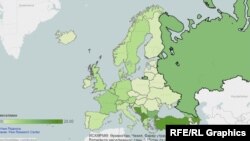 Եվրոպայում մահմեդական բնակչության ստվարությունը պատկերող քարտեզ