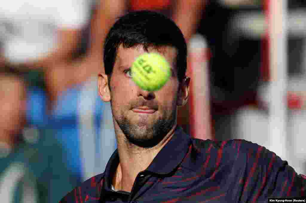 Serbian tennis player Novak Djokovic gears up to hit the ball in a quarter-final match against France's Lucas Pouille at the Japan Open in Tokyo on October 4. (Reuters/Kim Kyung-Hoon)
