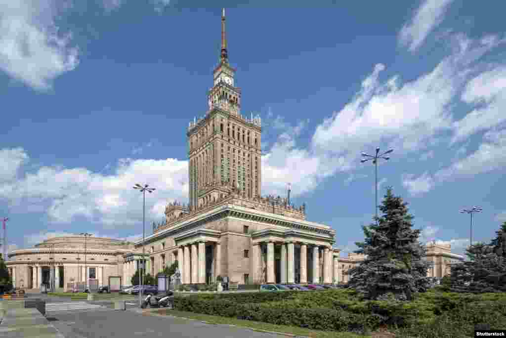 The Palace of Culture and Science in Warsaw opened in 1955 as a gift from the Soviet Union to the people of Poland. It has long engendered negative feelings, not only because of its imposing presence on the landscape but due to its obvious Soviet-style architecture. It's often referred to as "Stalin's Syringe." It currently houses an exhibition space and offices.