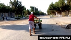 Подросток в Туркменистане толкает тележку с дынями и арбузами на продажу. Иллюстративное фото.