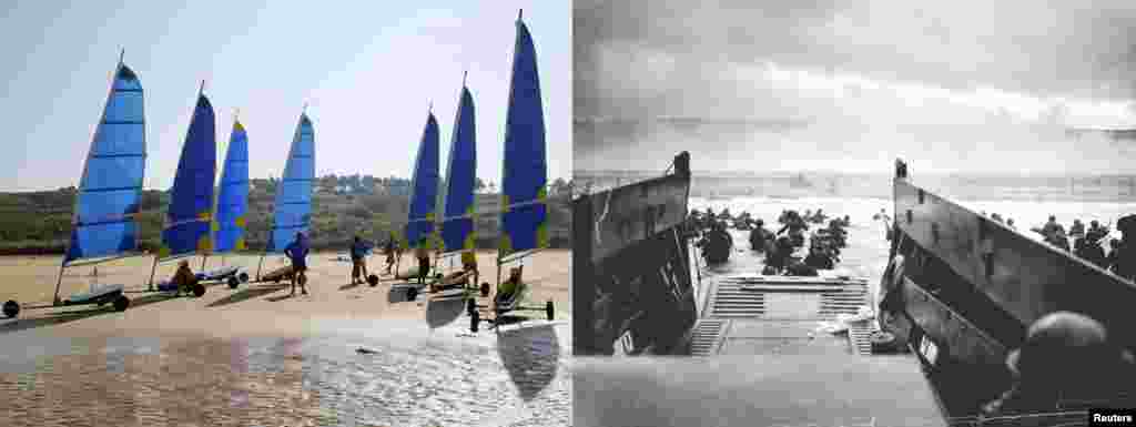 On the right, U.S. troops wade ashore from a Coast Guard landing craft at Omaha Beach on June 6, 1944; and the same beach in 2013.