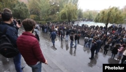 Students demonstrate outside Yerevan State University on November 8. Students are wary the Armenian military will send them to Nagorno-Karabakh or another potential hot spot.