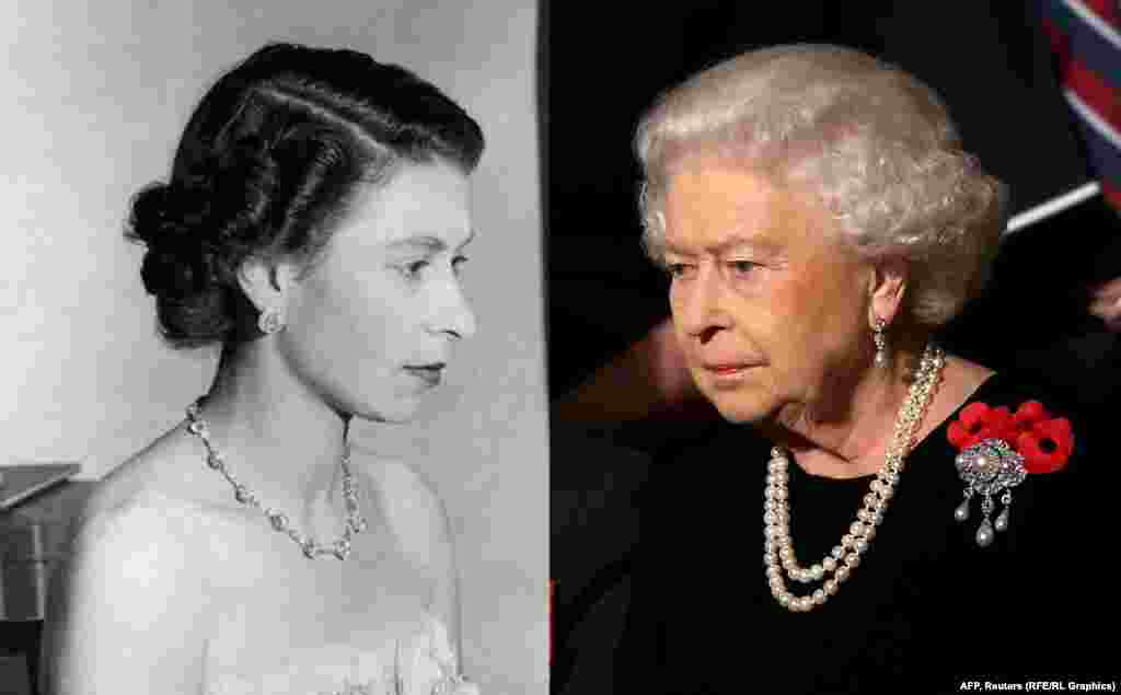 Queen Elizabeth II in 1953 (left) and 2015.