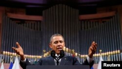 Президент США Барак Обама выступает с речью в Брюсселе, 26 марта 2014 года. 