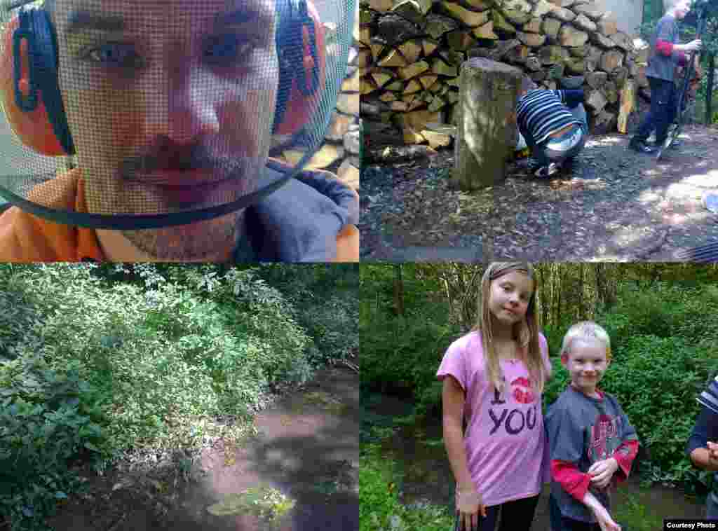 Four-year-old Jonas lives in the Czech Republic. He photographed his father chopping wood; his older brother and a friend helping his father; his brother Mathias and a friend; and the stream behind his Uncle George's cottage.