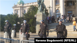 Serbia -- Protest against the epidemiological measures due to coronavirus outbreak, police forces in front of Serbian Parliament in Belgrade, July 8, 2020.