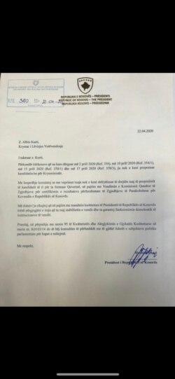 Letra e presidentit Thaçi, 22.04.2020