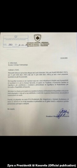 Letra e presidentit Thaçi, 22.04.2020