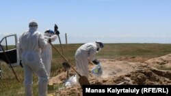 Сотрудники в защитной одежде на специальном кладбище в Алматинской области. 25 мая 2020 года.