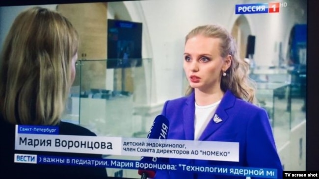 Maria Vorontsova is seen on Russian television in July 2019.