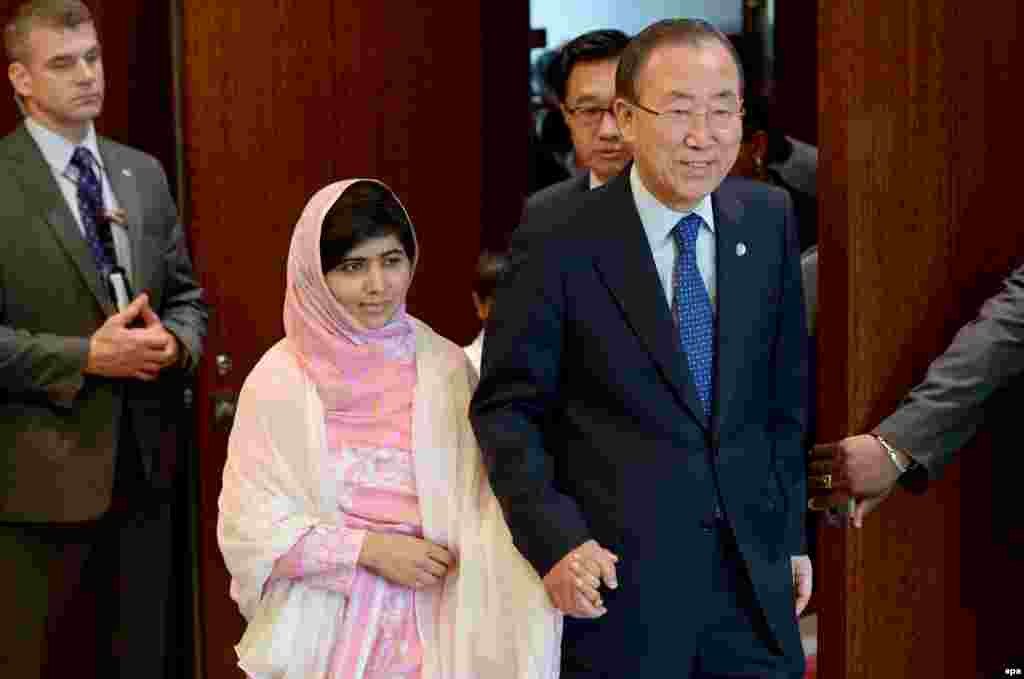 Malala Yousafzai (left), the 16-year-old schoolgirl who was shot by the Taliban in Pakistan in 2012, with United Nations Secretary-General Ban Ki-moon ahead of an address she gave to a UN youth assembly in New York on July 12. (EPA/Justin Lane)