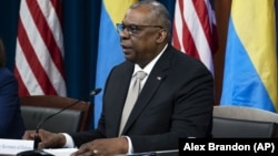 U.S. Secretary of Defense Lloyd Austin speaks at a virtual meeting of the Ukraine Contact Group at the Pentagon in Washington on May 23. 