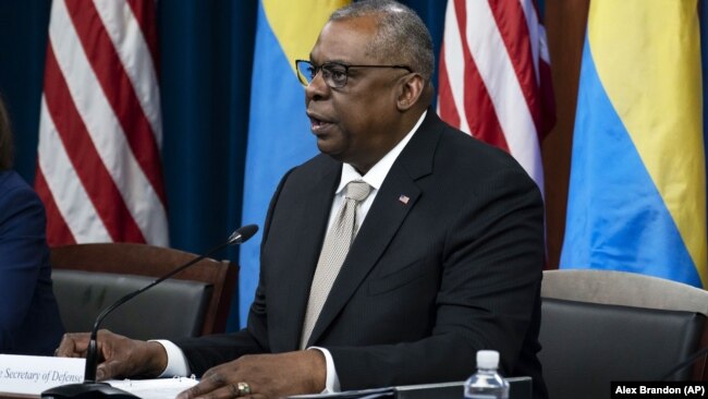 U.S. Secretary of Defense Lloyd Austin speaks at a virtual meeting of the Ukraine Contact Group at the Pentagon in Washington on May 23. 