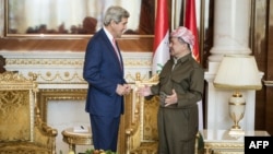 رئيس اقليم كردستان العراق مسعود بارزاني يستقبل في أربيل وزير الخارجية الاميركي جون كيري 