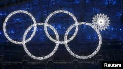 Олимпийские кольца во время открытия Игр в Сочи
