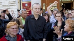 Supporters gather around Oleg Shein in Astrakhan, where his hunger strike over the mayoral election results became national news.