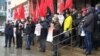 Moldovan Socialists protest the devaluation of the currency, the lei, in front of the National Bank in Chisinau recently.