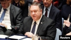 U.S. Secretary of State Mike Pompeo speaks at the United Nations during a Security Council meeting on the situation in Venezuela. January 26, 2019.