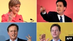 Stranački lideri Nicola Sturgeon, Ed Miliband (gore lijevo i desno), David Cameron i Nick Clegg (dole lijevo i desno
