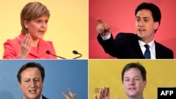 Фотографии политических британских лидеров. Сверху: Никола Старджен (слева) - лидер Шотландской национальной партии, Эд Милибэнд (справа) - лидер лейбористской оппозиции. Внизу: премьер-министр Великобритании и лидер консерваторов Дэвид Кэмерон (слева), вице-премьер-министр и лидер либерал-демократов Ник Клегг (справа).