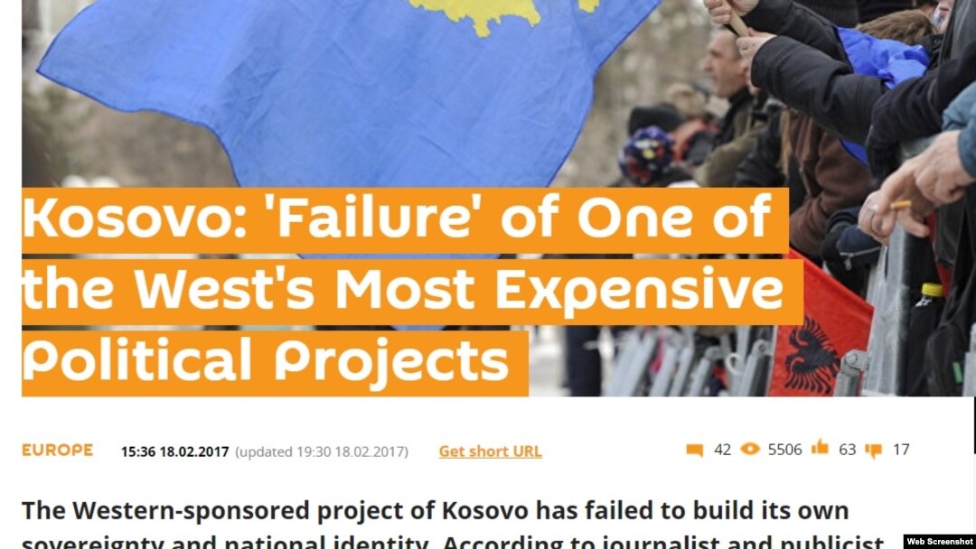 "Kosovo: 'Neuspeh' jednog od najskupljeg političkog projekta Zapada", naslov u tekstu o Kosovu na Sputnjikovoj engleskoj internet stranici