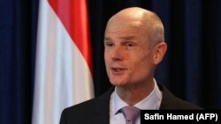 IRAQ -- Dutch Foreign Minister Stef Blok speaks during a press conference with prime minister of Iraq's autonomous Kurdistan Regional Government (KRG), in Irbil, December 18, 2018