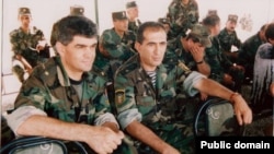 Nagorno-Karabakh - General Vitali Balasanian (L) and other senior officers watch military exercises.