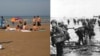 A combination photo shows U.S. reinforcements landing on Omaha Beach during the D-Day invasion near Vierville sur Mer, France, on June 6, 1944; and on the left, the same beach in August 2013.