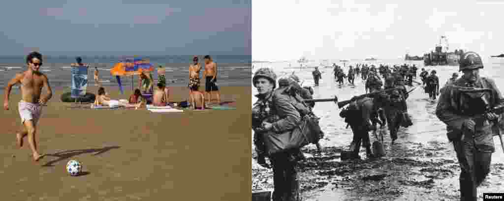 Kombinovana fotografija prikazuje iskrcavanje američkih pojačanja na plažu Omaha tokom Dana D blizu francuskog mjesta Vierville sur Mer 6. juna 1944; lijevo je ista plaža fotografisana u augustu 2013. godine.