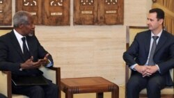Syrian President Bashar al-Assad (right) met with UN-Arab League envoy Kofi Annan in Damascus on March 10.