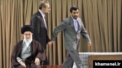 A handout picture released by the official website of Iran's Supreme Leader shows Ayatollah Ali Khamenei (L), parliament speaker Ali Larijani (C), and former President Mahmoud Ahmadinejad, during a gathering of senior Iranian officials in Tehran, 2016