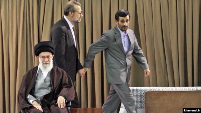 A handout picture released by the official website of Iran's Supreme Leader shows Ayatollah Ali Khamenei (L), parliament speaker Ali Larijani (C), and former President Mahmoud Ahmadinejad, during a gathering of senior Iranian officials in Tehran, 2016