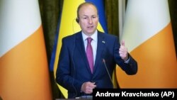 Irish Prime Minister Micheal Martin speaks during a visit to Kyiv on July 6.