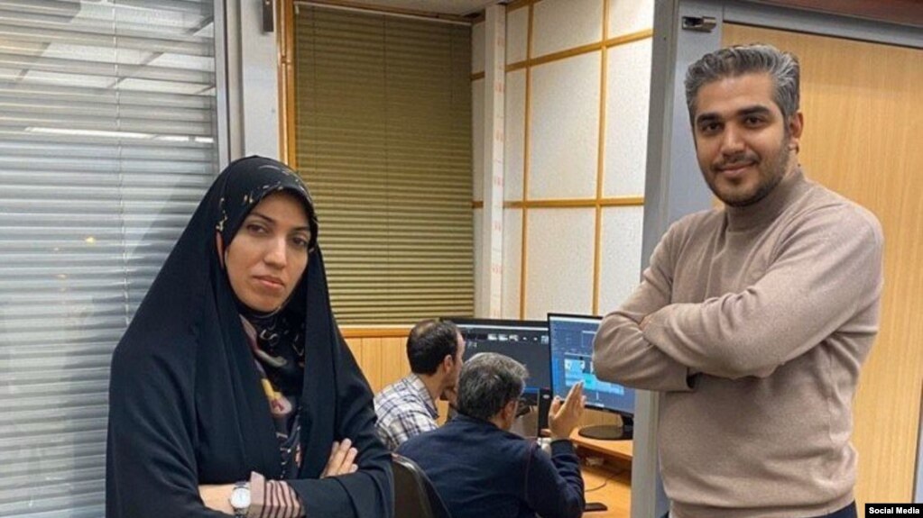 Iranian state TV IRIB reporters Ali Rezvani and Amena Sadat Zabihpour Reporters. File photo